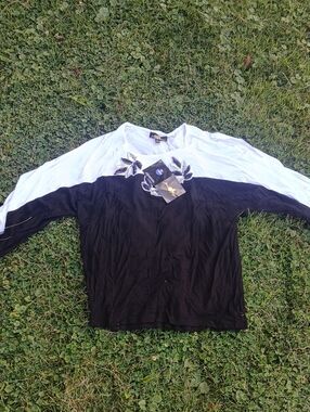 NWT Joan & Boyce Black & White Embellished Two-Tone Long Sleeve Top